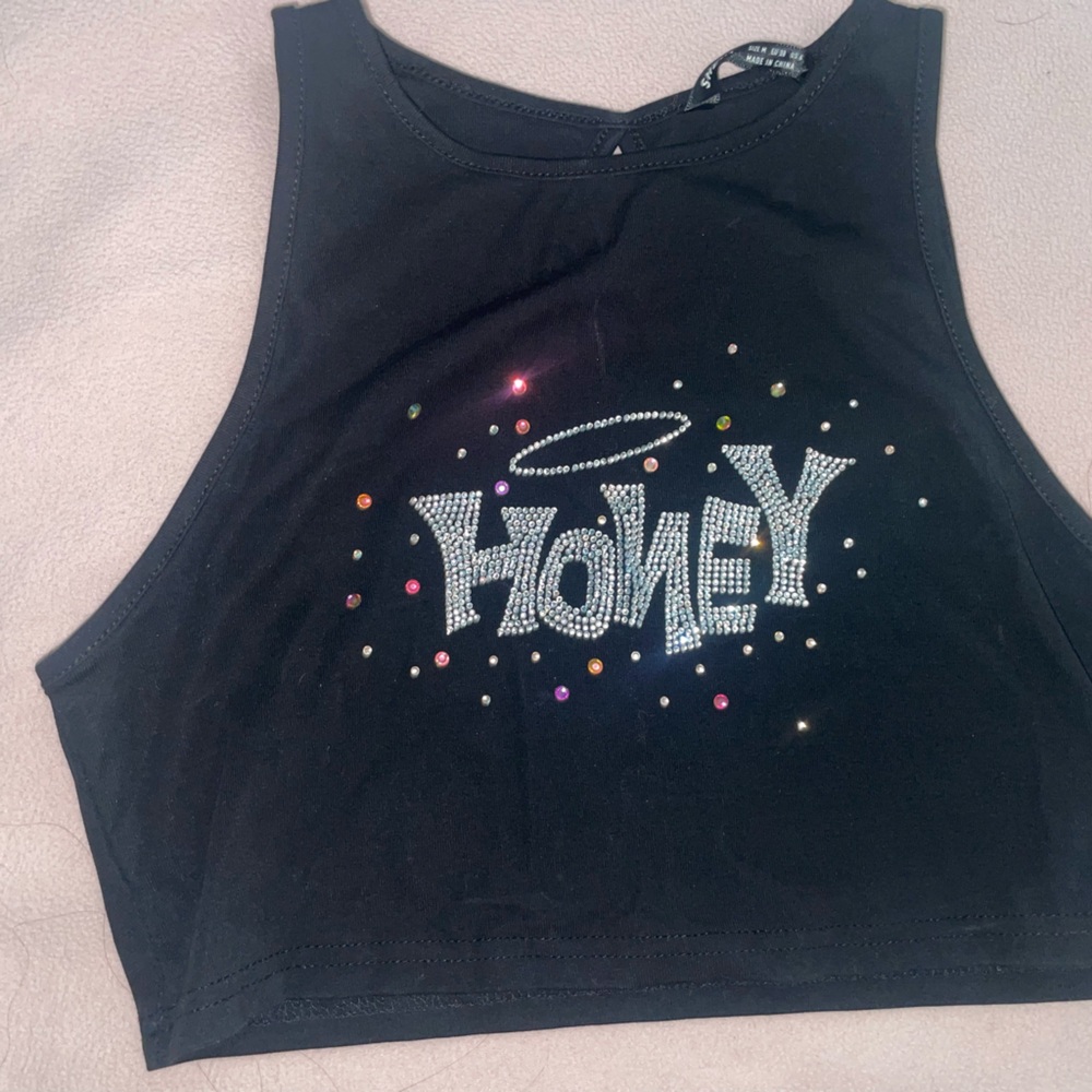 SHEIN Black Crop Top with Rhinestone Detail
